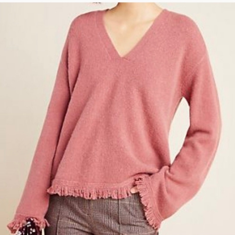 Anthropologie Joy Fringe sweater XS Rose Pink